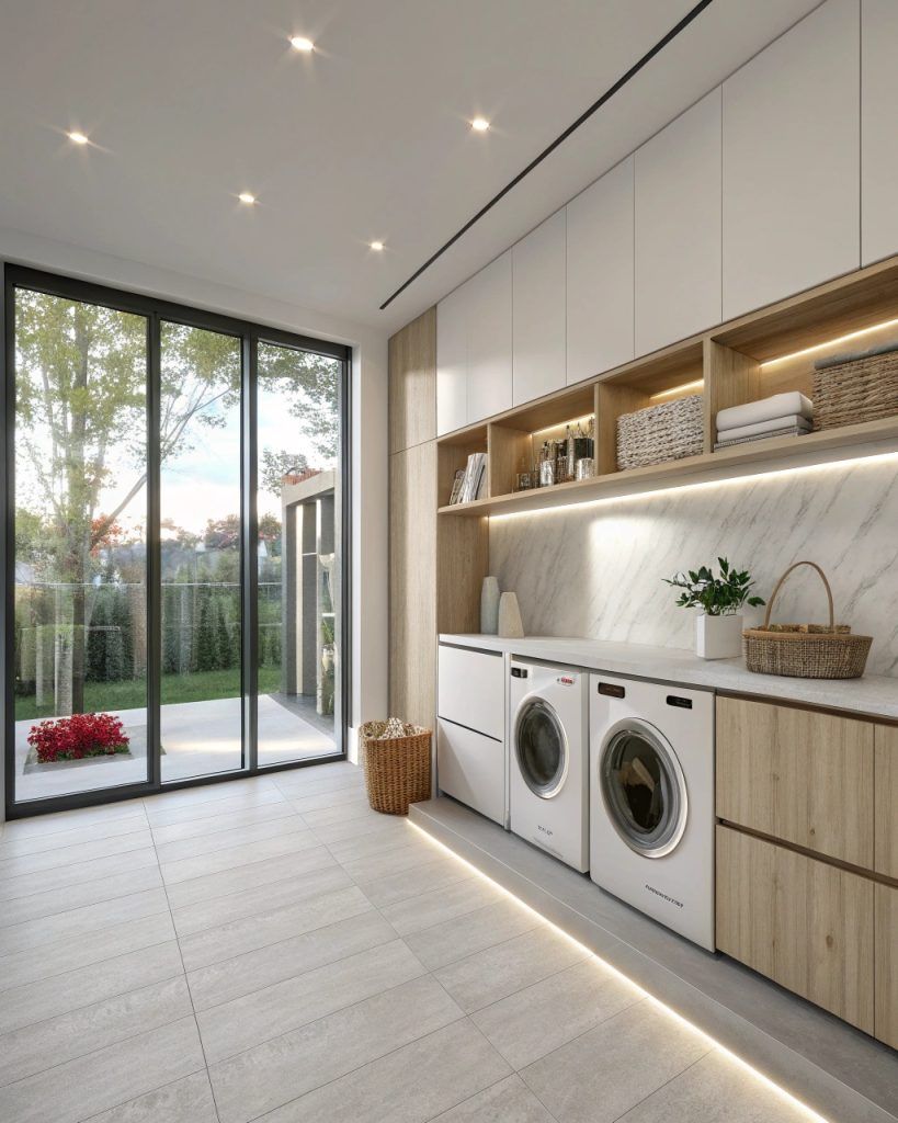 Laundry amplio a medida con iluminación y guardado lineal