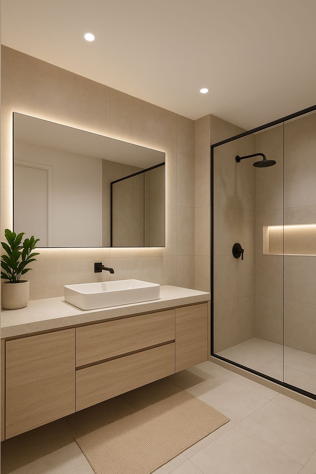 Baño a medida con espejo retroiluminado y mueble de madera