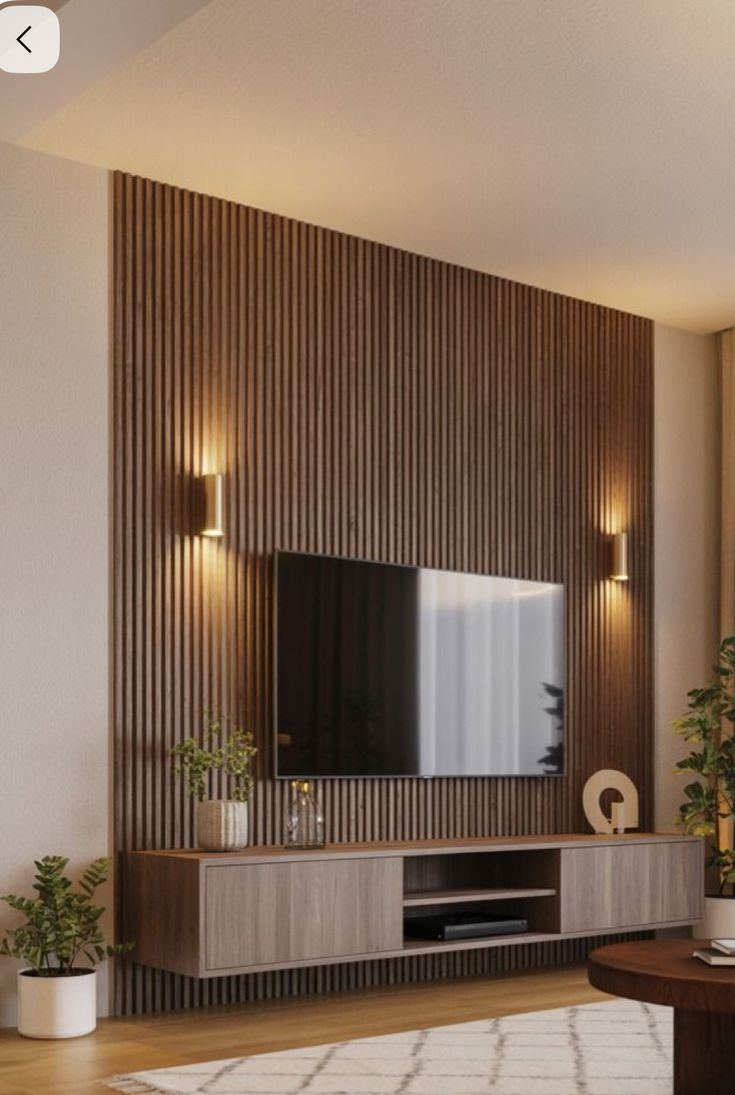 Living a medida con pared de listones y mueble flotante