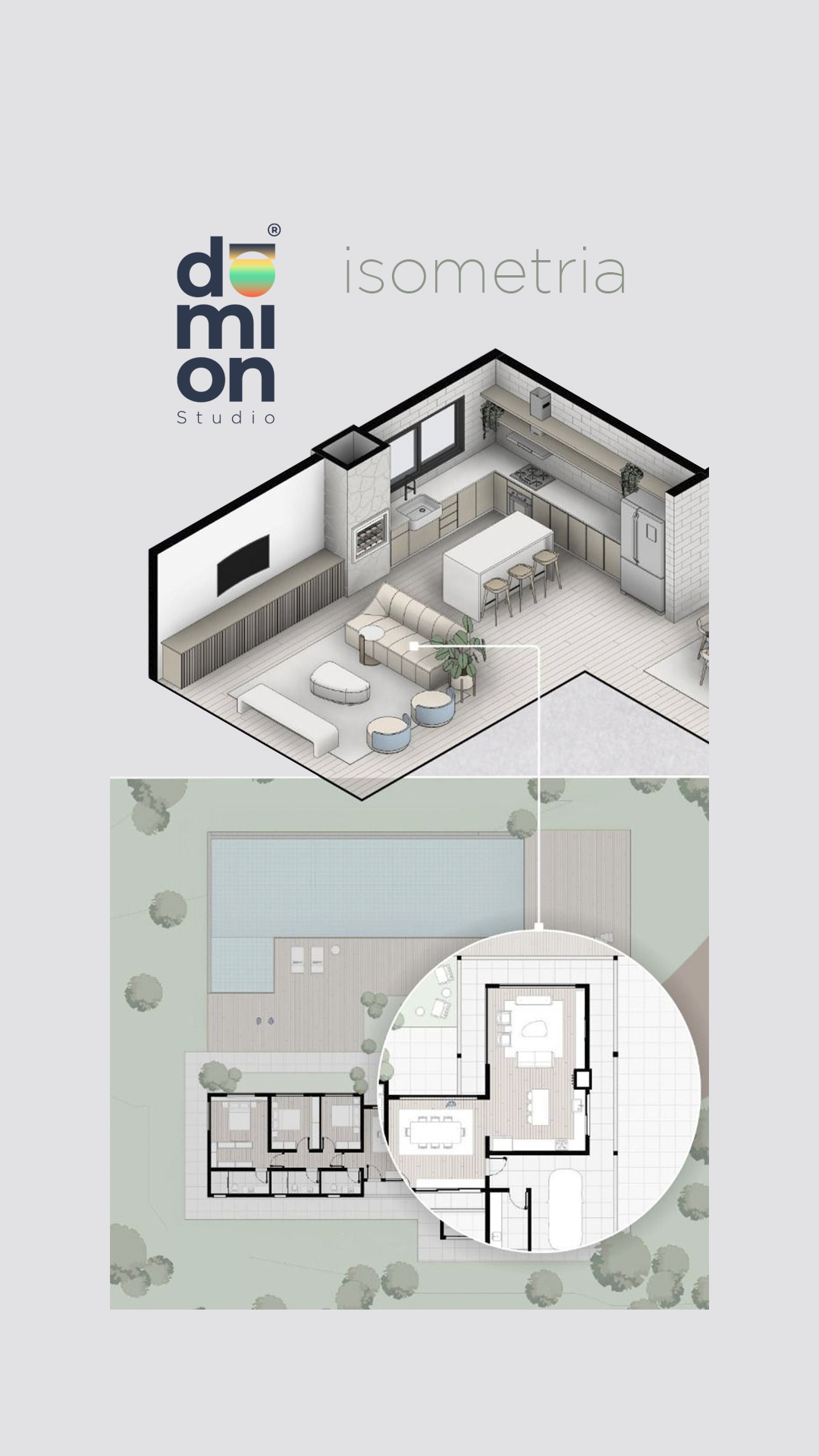 Isometría de cocina y living a medida desarrollada por DOMION
